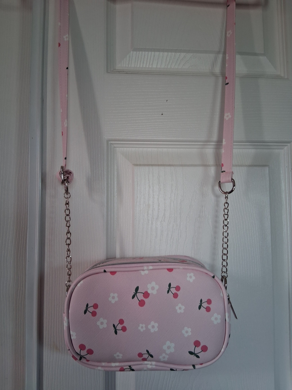 Pink Cherry Print Crossbody Cosmetic Bag with Chain Strap
